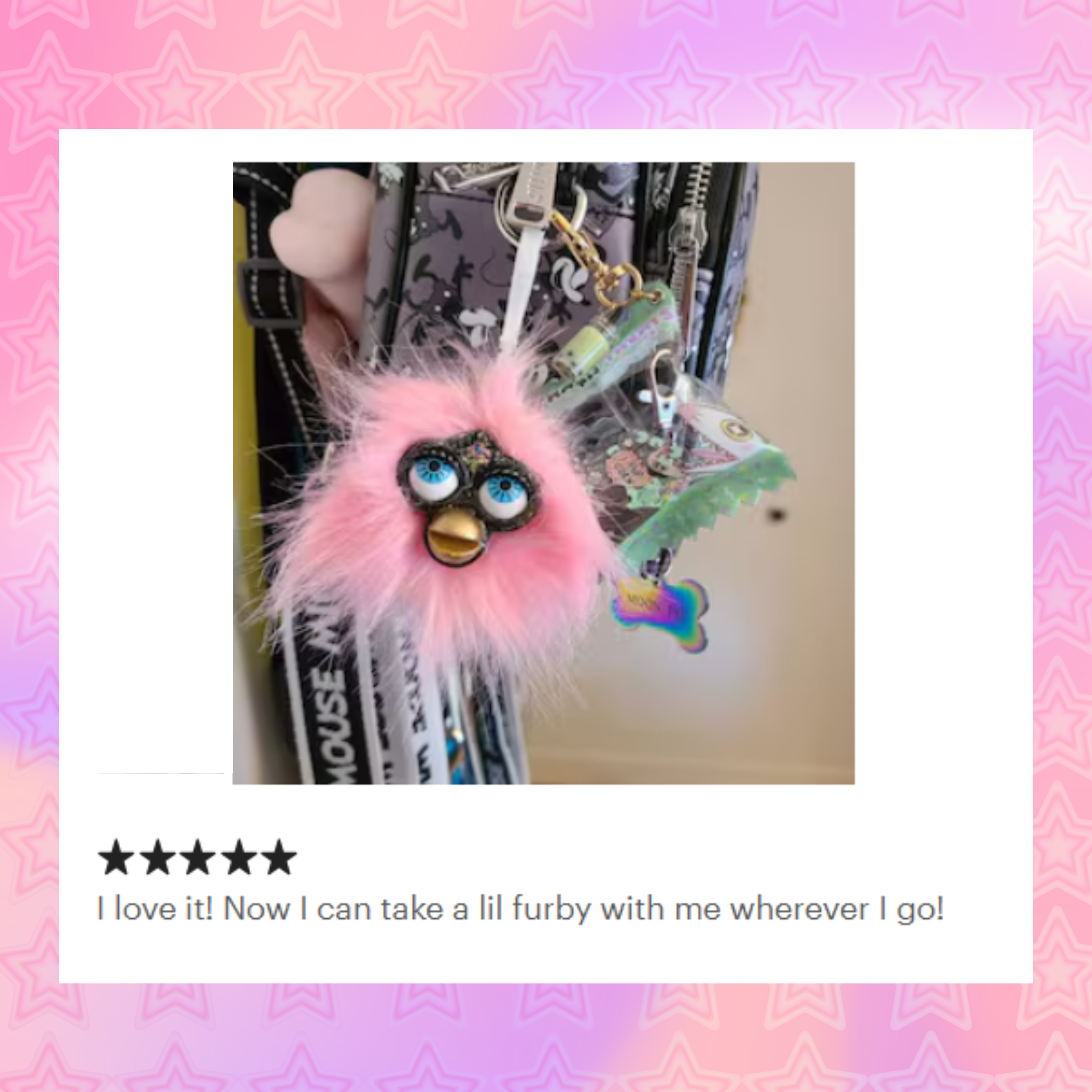 5-star review of a Furby oddbody keychain by Firbly that reads: "I love it! Now I can take a lil furby with me wherever I go!"