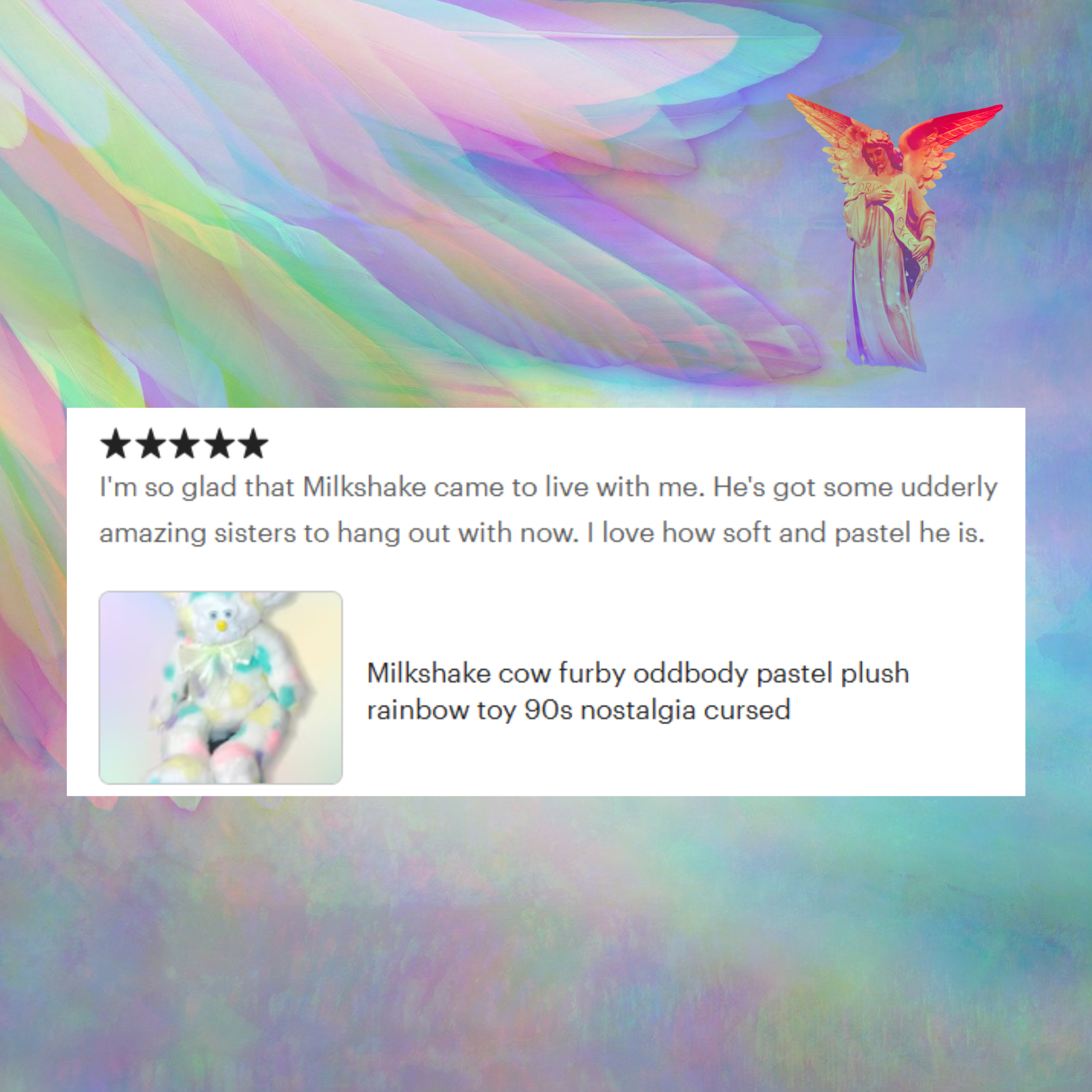 5-star review of a Firbly oddbody Furby from an Etsy customer that reads: "I'm so glad that Milkshake came to live with me. He's got some udderly amazing sisters to hang out with now. I love how soft and pastel he is."