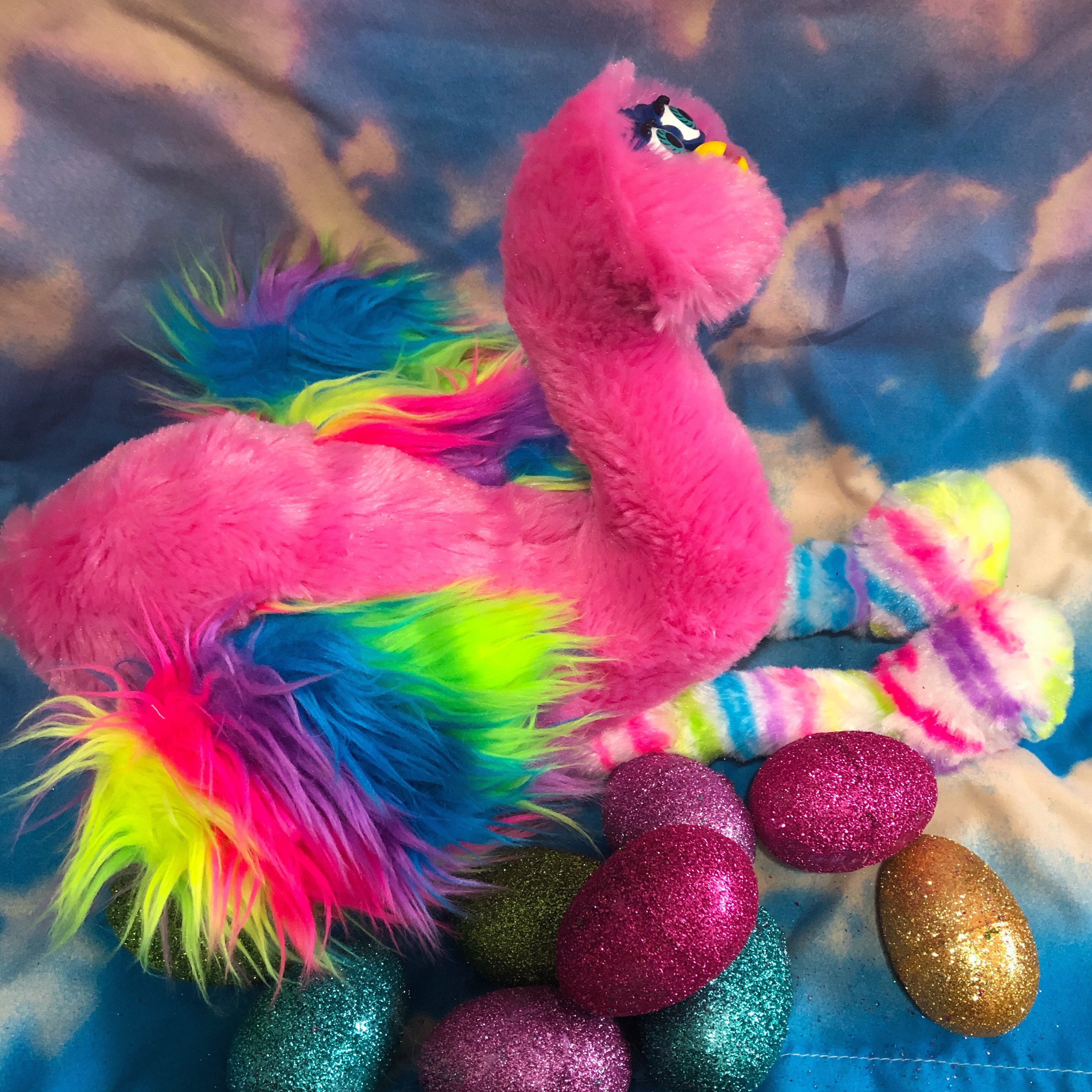 90s furby oddbody flamingo stuffed plush rainbow cursed bird toy