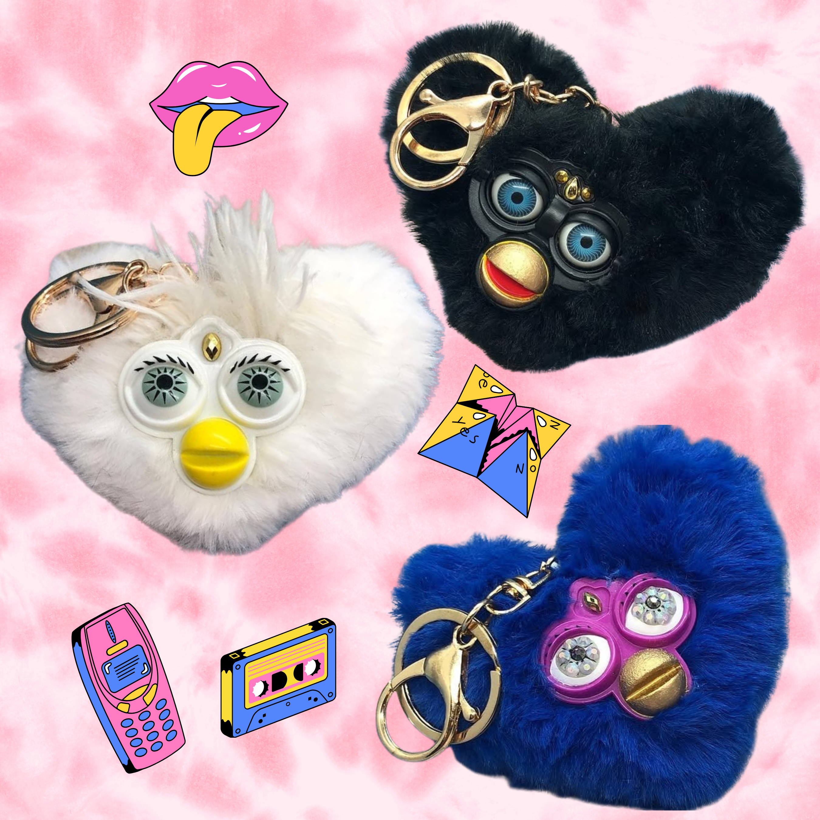 Trio Tie Dye Furby Heart Keychain